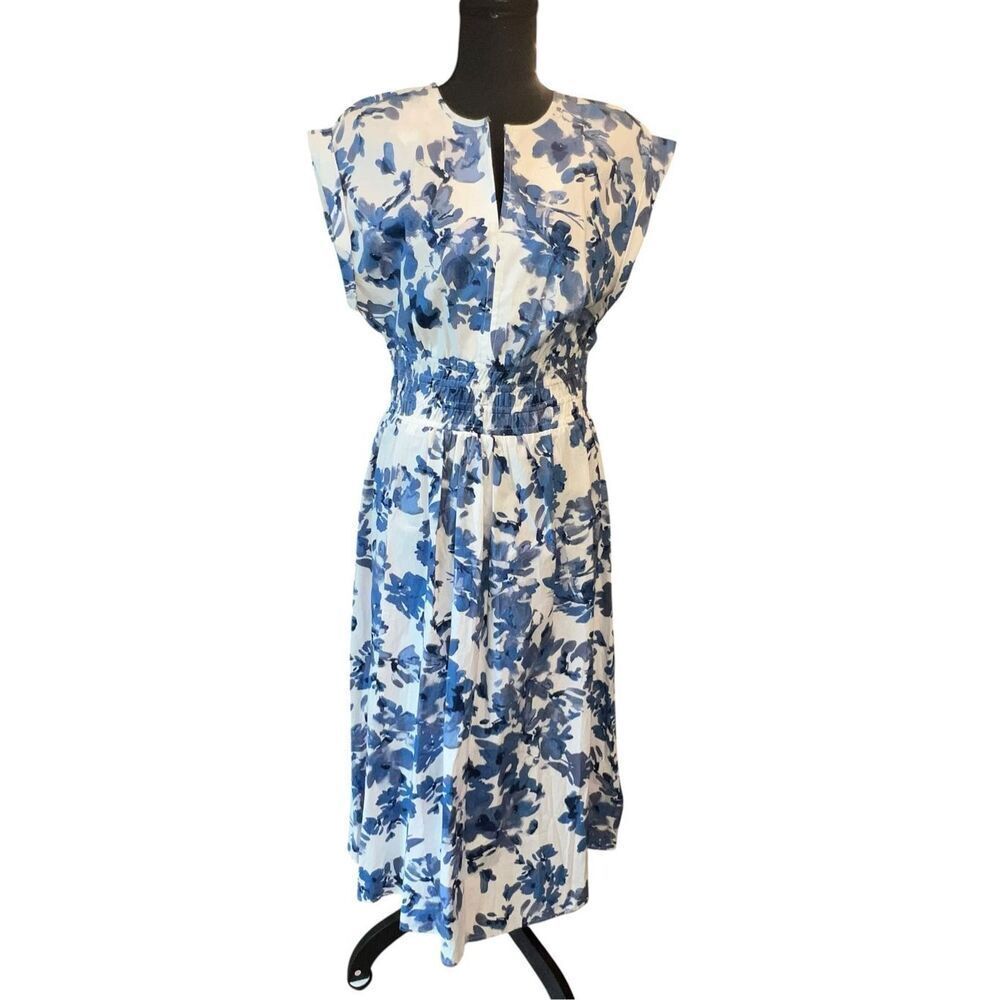 Calvin Klein Women's 6 Floral Smocked V-Neck A-Line Midi Dress chambray blue New